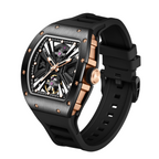 MEGIR 9190-4 skeleton automatic watch, black case with rose-gold accents and black strap, angled view