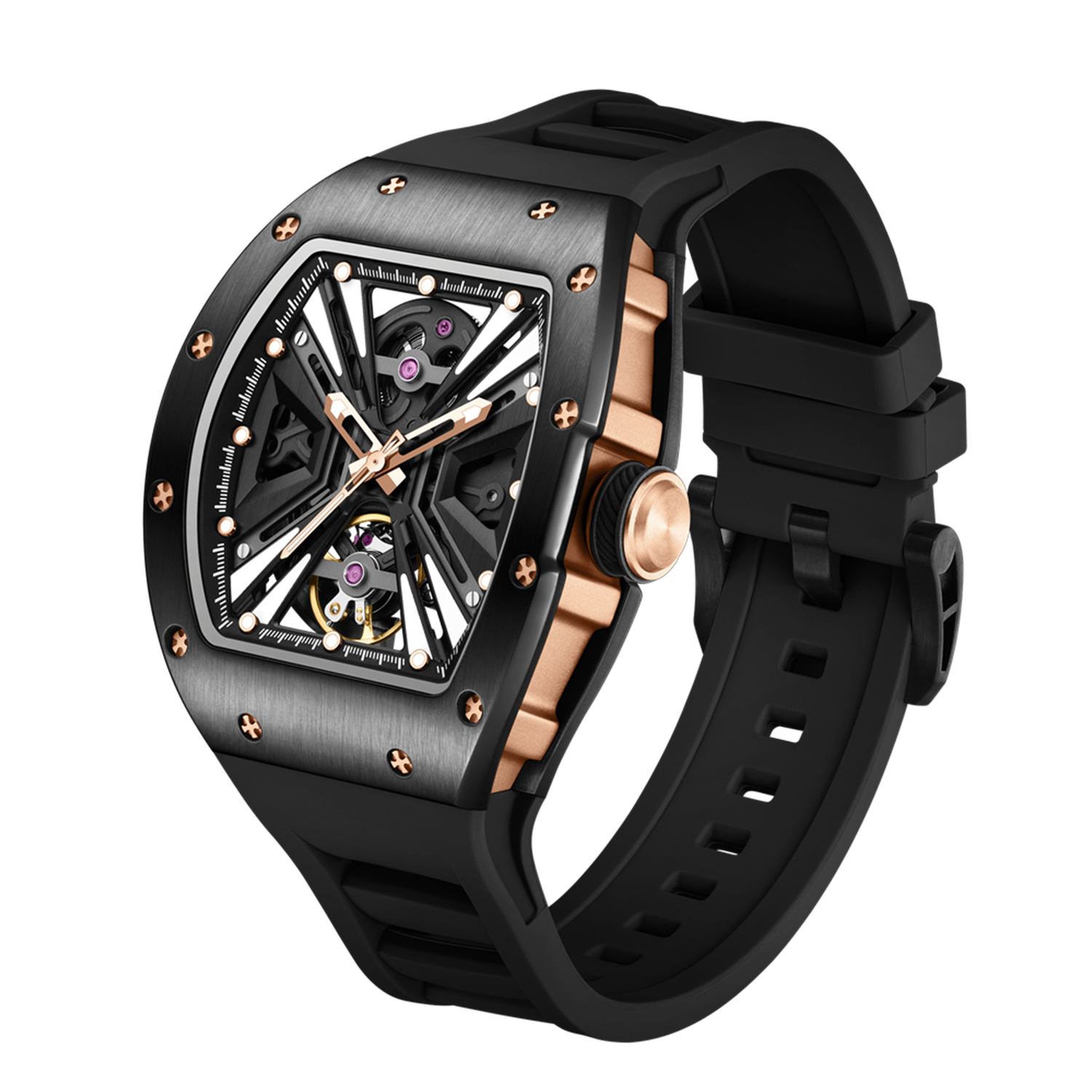 MEGIR 9190-4 skeleton automatic watch, black case with rose-gold accents and black strap, angled view