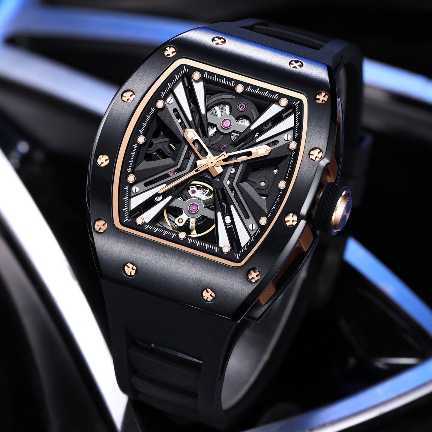 MEGIR 9190-4 skeleton automatic watch, black case with rose-gold ring and black strap, beauty shot