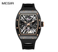 MEGIR 9190-4 men's skeleton automatic watch, black case with rose-gold ring and black strap, front view