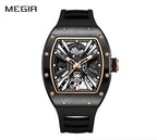 MEGIR 9190-4 men's skeleton automatic watch, black case with rose-gold ring and black strap, front view