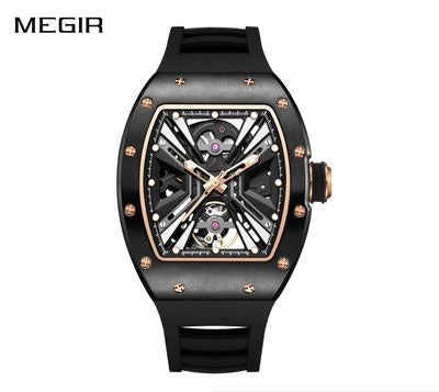 MEGIR 9190-4 men's skeleton automatic watch, black case with rose-gold ring and black strap, front view