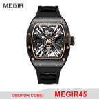 MEGIR 9190-4 skeleton automatic watch, black case with rose-gold ring and black strap, promotional front view