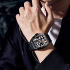 MEGIR 9190-4 skeleton automatic watch on the wrist, black case with rose-gold ring and black silicone strap