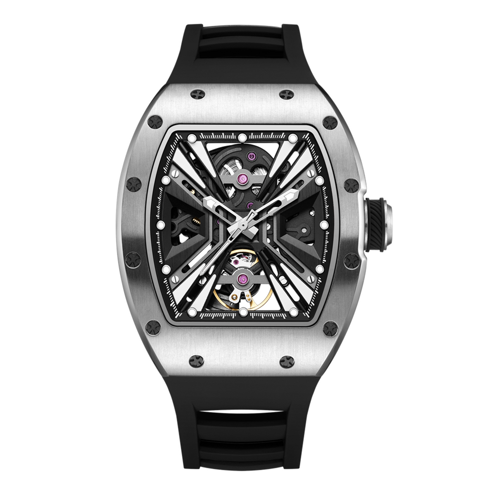MEGIR 9190-4 skeleton automatic watch, silver case and black silicone strap, front view