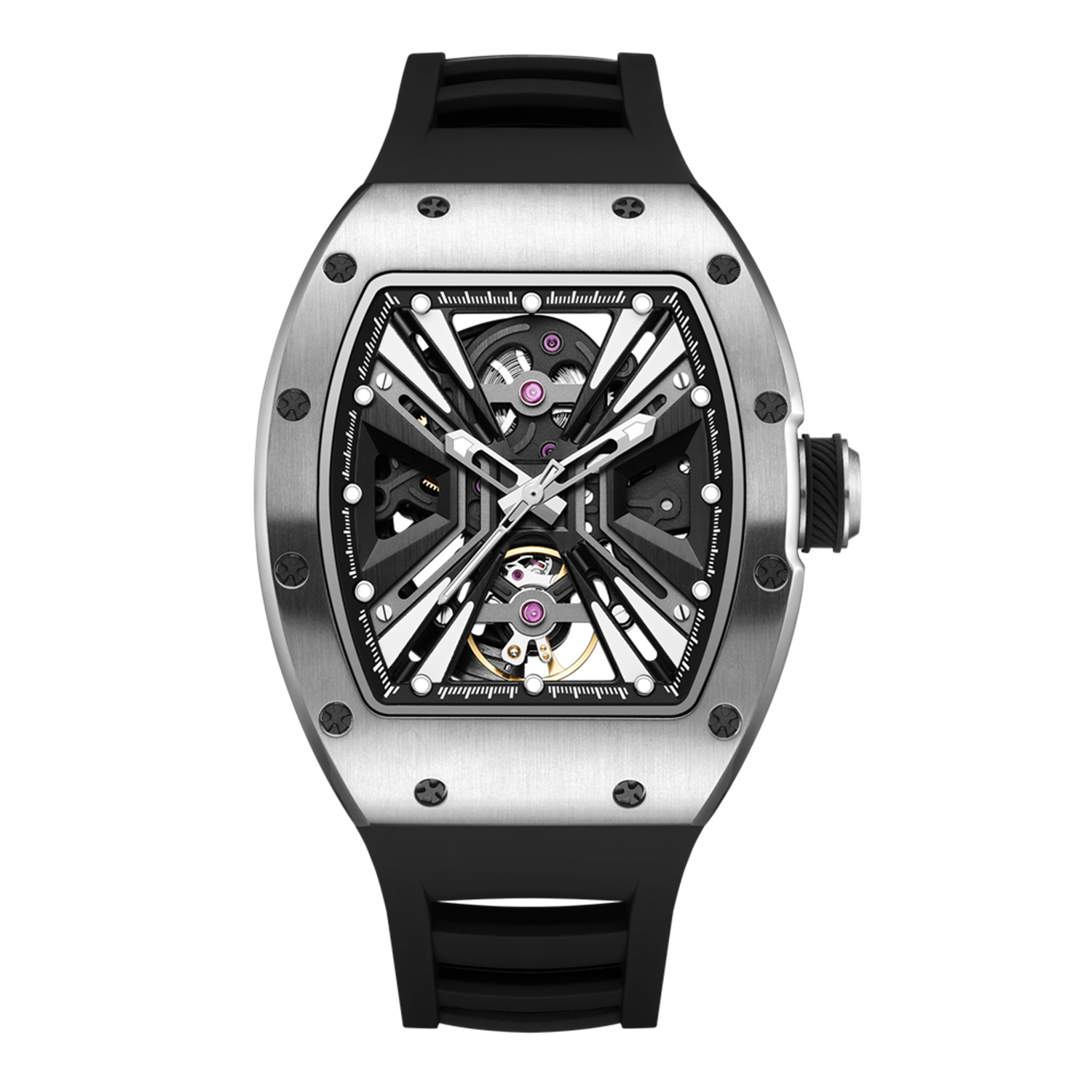 MEGIR 9190-4 skeleton automatic watch, silver case and black silicone strap, front view