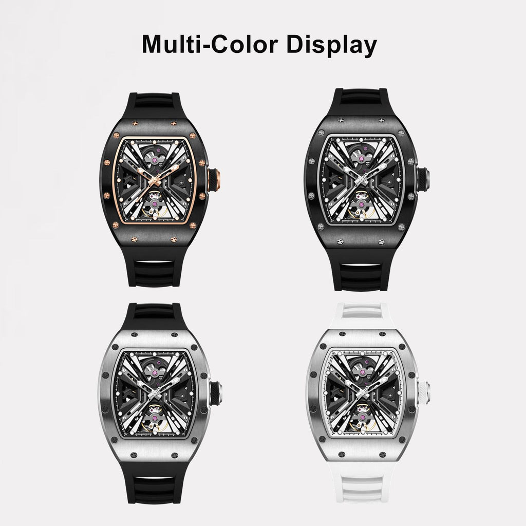 MEGIR 9190-4 skeleton automatic watch shown in four case and strap colour options