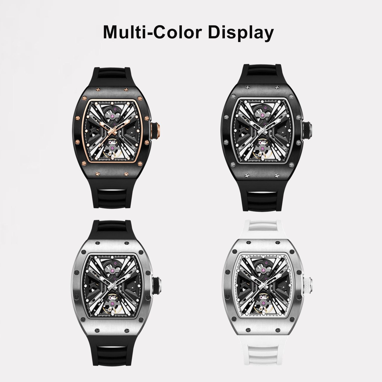 MEGIR 9190-4 skeleton automatic watch shown in four case and strap colour options
