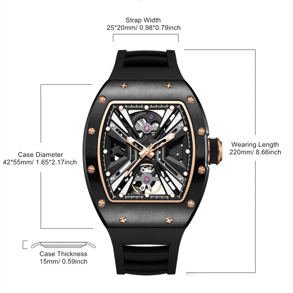 MEGIR 9190-4 skeleton automatic watch size chart with case and strap measurements, rose-gold model