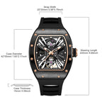 MEGIR 9190-4 skeleton automatic watch size chart with case and strap measurements, rose-gold model