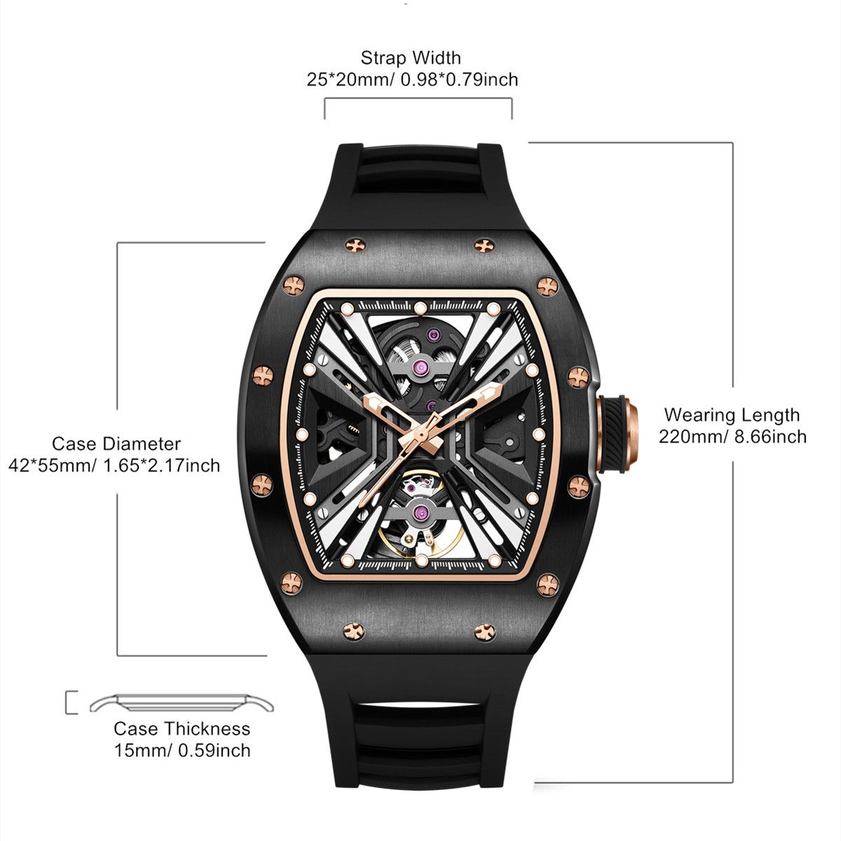 MEGIR 9190-4 skeleton automatic watch size chart with case and strap measurements, rose-gold model
