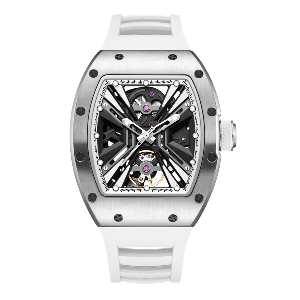 MEGIR 9190-4 skeleton automatic watch, silver case and white silicone strap, front view