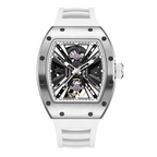MEGIR 9190-4 skeleton automatic watch, silver case and white silicone strap, front view