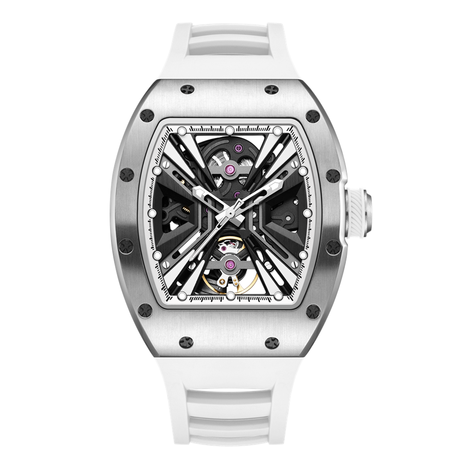 MEGIR 9190-4 skeleton automatic watch, silver case and white silicone strap, front view