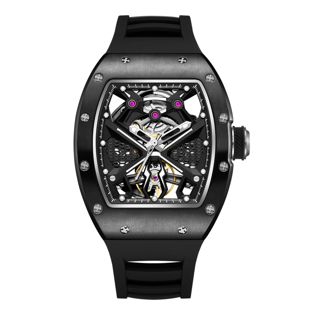 MEGIR 9190-5 spider skeleton automatic watch, black case and black silicone strap, front view
