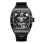 MEGIR 9190-5 spider skeleton automatic watch, black case and black silicone strap, front view