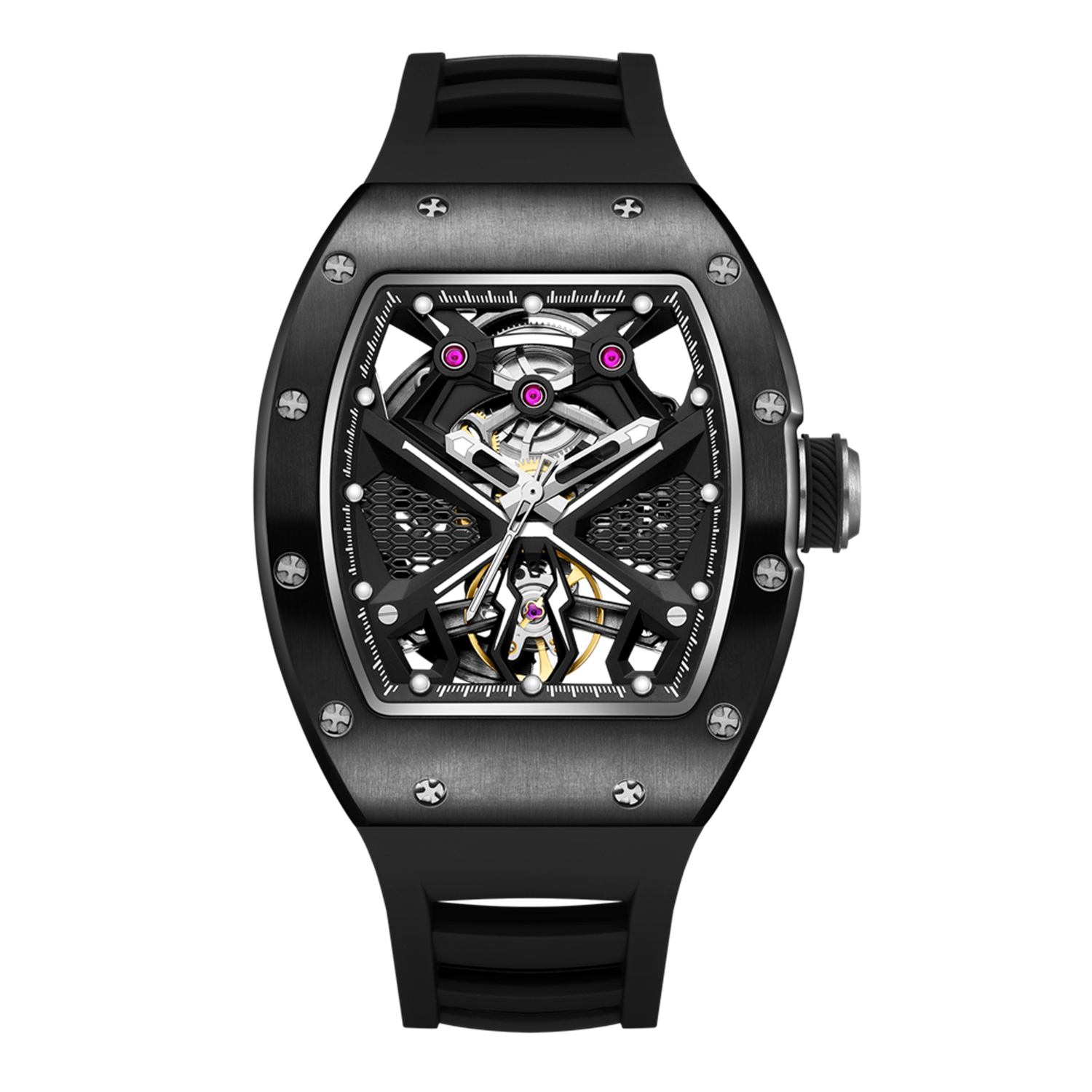 MEGIR 9190-5 spider skeleton automatic watch, black case and black silicone strap, front view