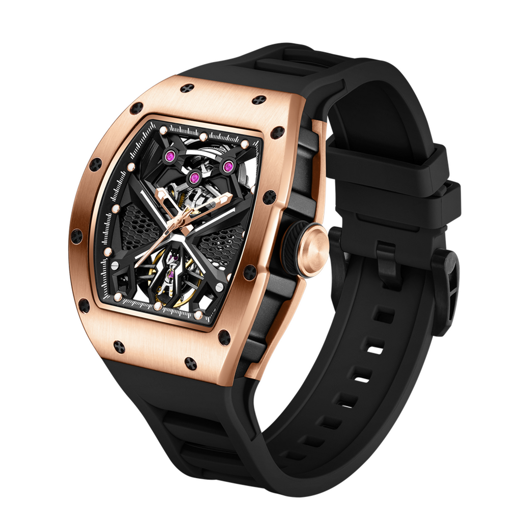 MEGIR 9190-5 spider skeleton automatic watch, rose-gold case and black silicone strap, angled view