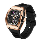 MEGIR 9190-5 spider skeleton automatic watch, rose-gold case and black silicone strap, angled view