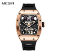 MEGIR 9190-5 men's spider skeleton automatic watch, rose-gold barrel case and black strap, front view