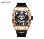 MEGIR 9190-5 men's spider skeleton automatic watch, rose-gold barrel case and black strap, front view
