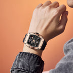 MEGIR 9190-5 spider skeleton automatic watch on the wrist, rose-gold case and black silicone strap