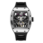 MEGIR 9190-5 spider skeleton automatic watch, silver case and black silicone strap, front view