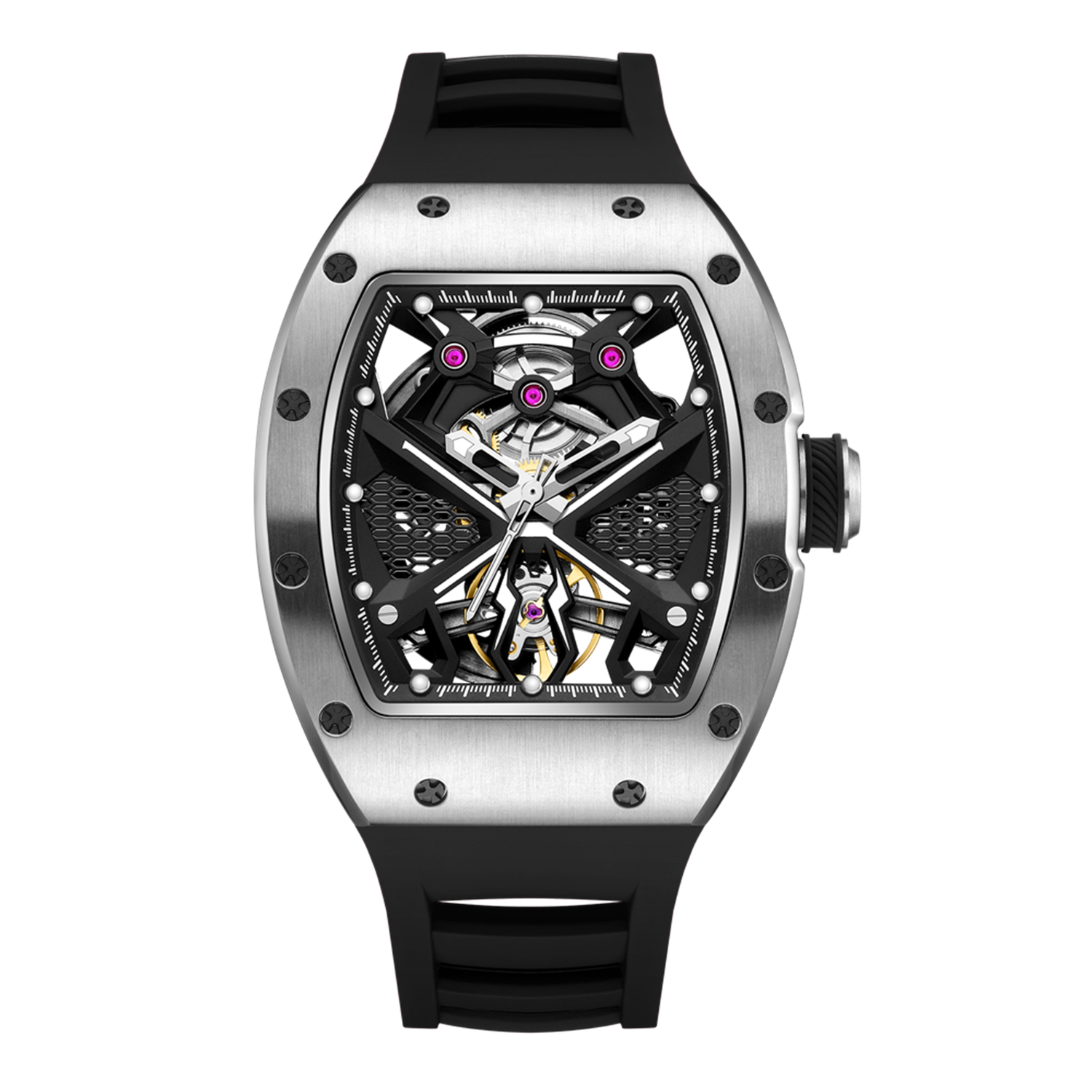 MEGIR 9190-5 spider skeleton automatic watch, silver case and black silicone strap, front view