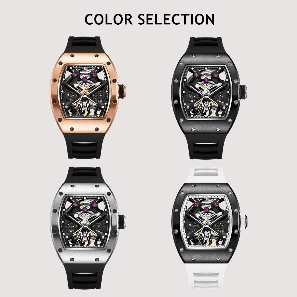 MEGIR 9190-5 spider skeleton automatic watch shown in four case and strap colour options