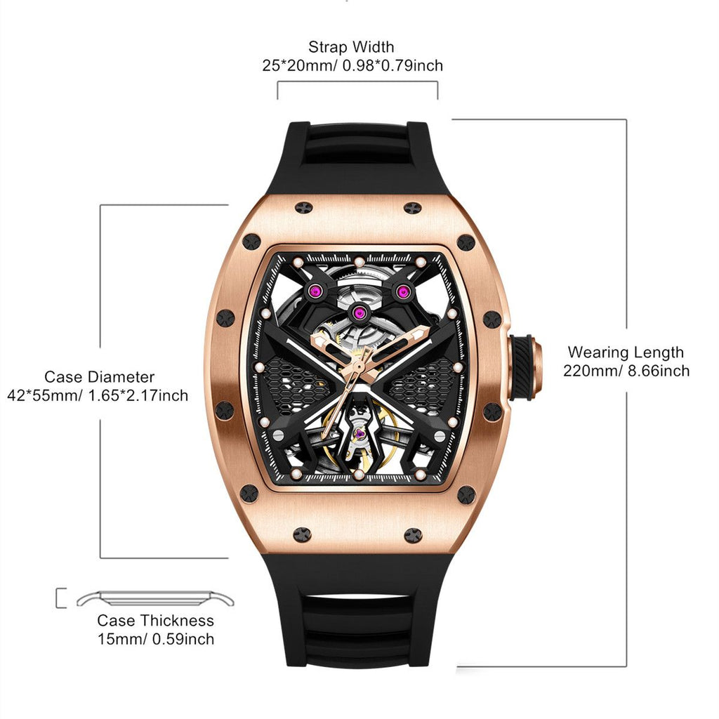 MEGIR 9190-5 spider skeleton automatic watch size chart with case and strap measurements, rose-gold model