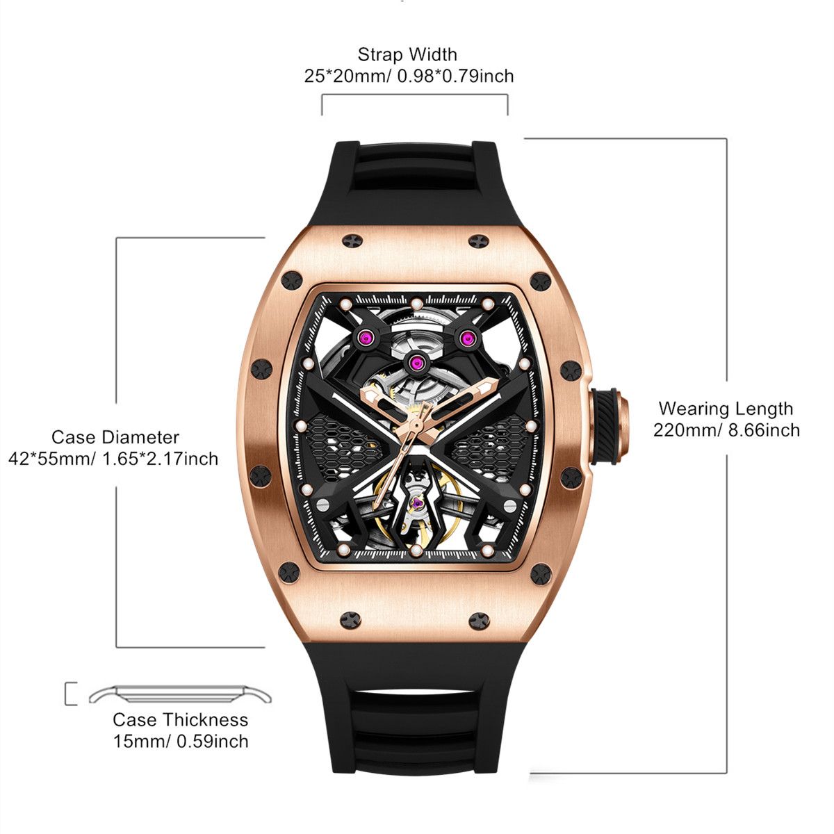 MEGIR 9190-5 spider skeleton automatic watch size chart with case and strap measurements, rose-gold model