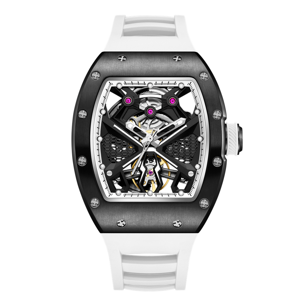 MEGIR 9190-5 spider skeleton automatic watch, black case and white silicone strap, front view