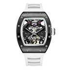 MEGIR 9190-5 spider skeleton automatic watch, black case and white silicone strap, front view