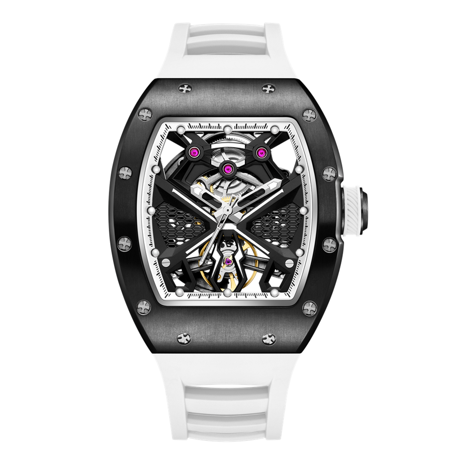 MEGIR 9190-5 spider skeleton automatic watch, black case and white silicone strap, front view