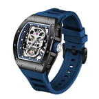 MEGIR 9190-7 skull skeleton automatic watch, black case and blue silicone strap, angled view