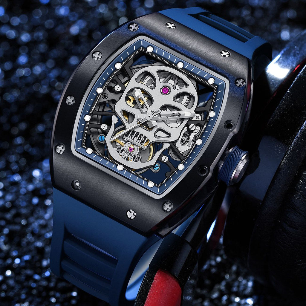 MEGIR 9190-7 skull skeleton automatic watch, black case and blue silicone strap, beauty shot