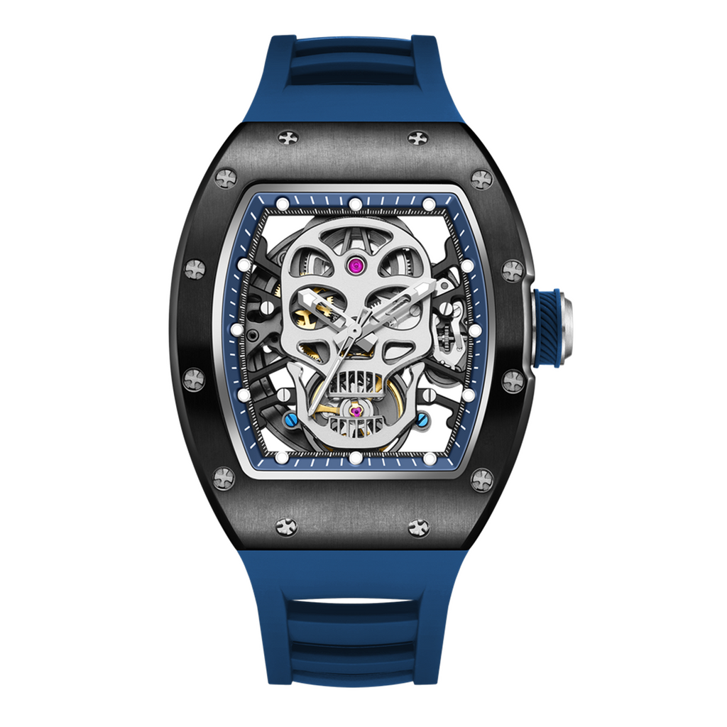 MEGIR 9190-7 skull skeleton automatic watch, black case and blue silicone strap, front view