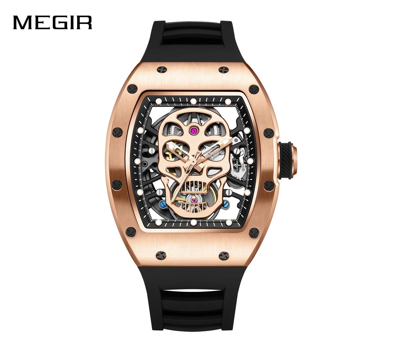 MEGIR 9190-7 men's skull skeleton automatic watch, rose-gold barrel case and black strap, front view