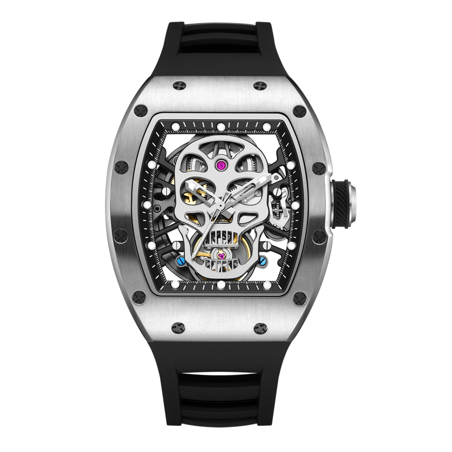 MEGIR 9190-7 skull skeleton automatic watch, silver case and black silicone strap, front view