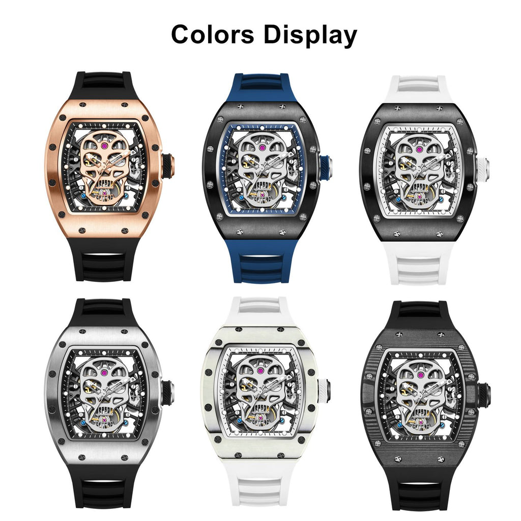 MEGIR 9190-7 skull skeleton automatic watch shown in six case and strap colour options