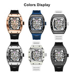 MEGIR 9190-7 skull skeleton automatic watch shown in six case and strap colour options