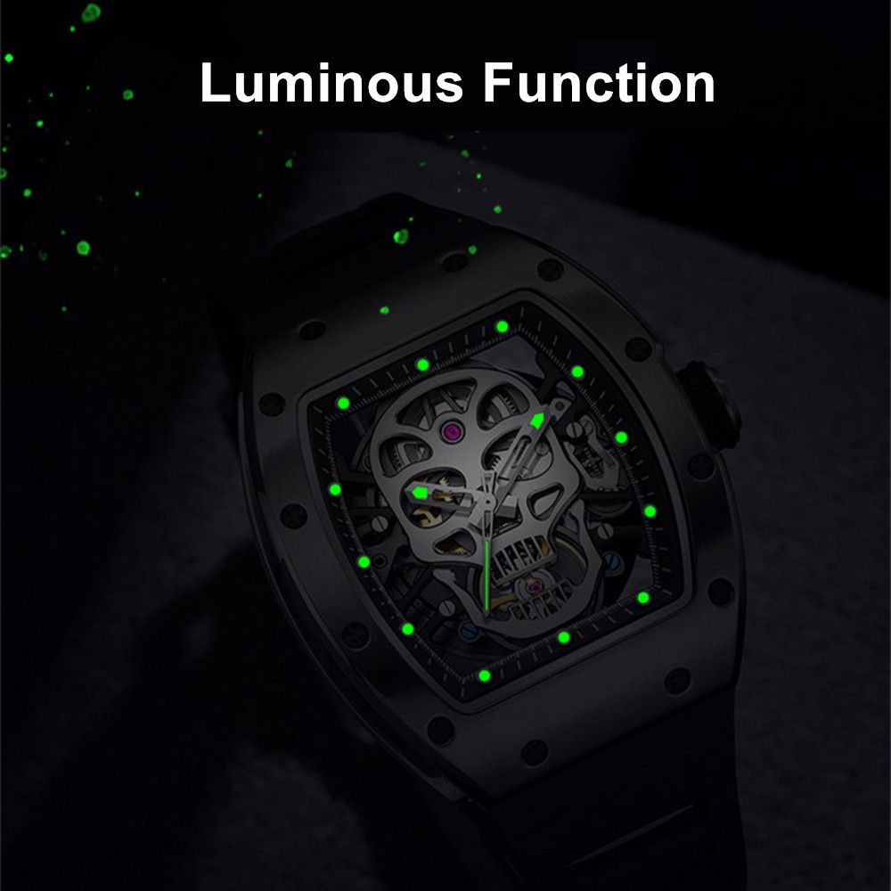 MEGIR 9190-7 skull skeleton automatic watch with luminous hands and markers glowing in the dark