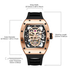 MEGIR 9190-7 skull skeleton automatic watch size chart with case and strap measurements, rose-gold model
