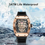 MEGIR 9190-7 skull skeleton automatic watch, 3ATM life-waterproof feature graphic, rose-gold model