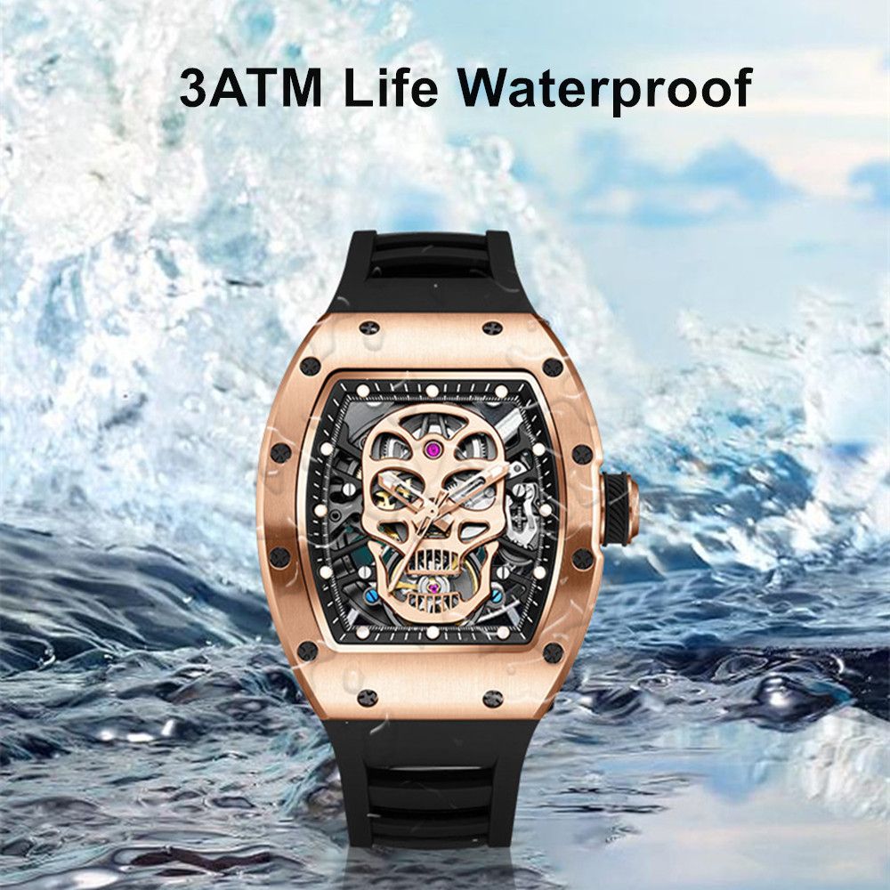MEGIR 9190-7 skull skeleton automatic watch, 3ATM life-waterproof feature graphic, rose-gold model