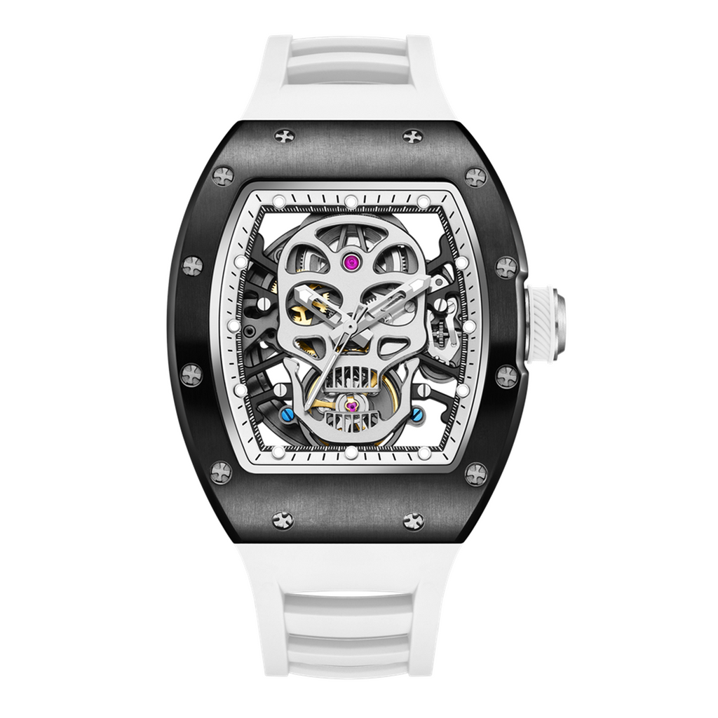 MEGIR 9190-7 skull skeleton automatic watch, black case and white silicone strap, front view