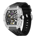 MEGIR 9195-11 skeleton automatic watch, transparent case and black silicone strap, angled view