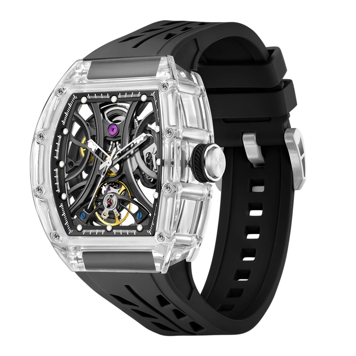 MEGIR 9195-11 skeleton automatic watch, transparent case and black silicone strap, angled view