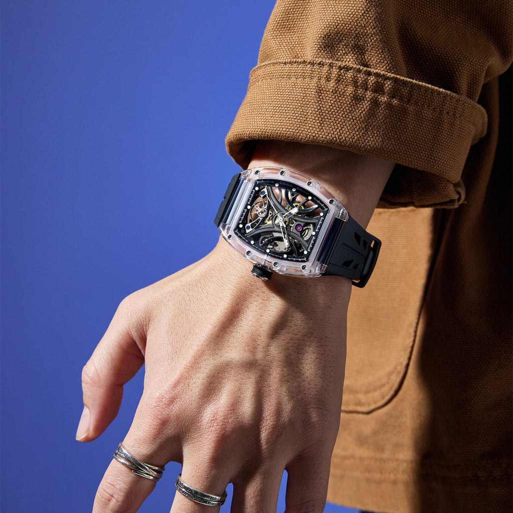 MEGIR 9195-11 skeleton automatic watch on the wrist, transparent case and black silicone strap