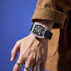 MEGIR 9195-11 skeleton automatic watch on the wrist, transparent case and black silicone strap